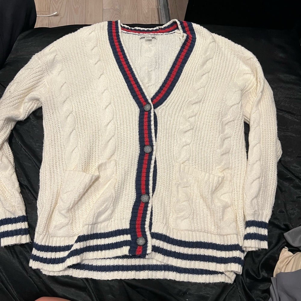 American Eagle Outfitters White and Blue Cable-Knit Cardigan